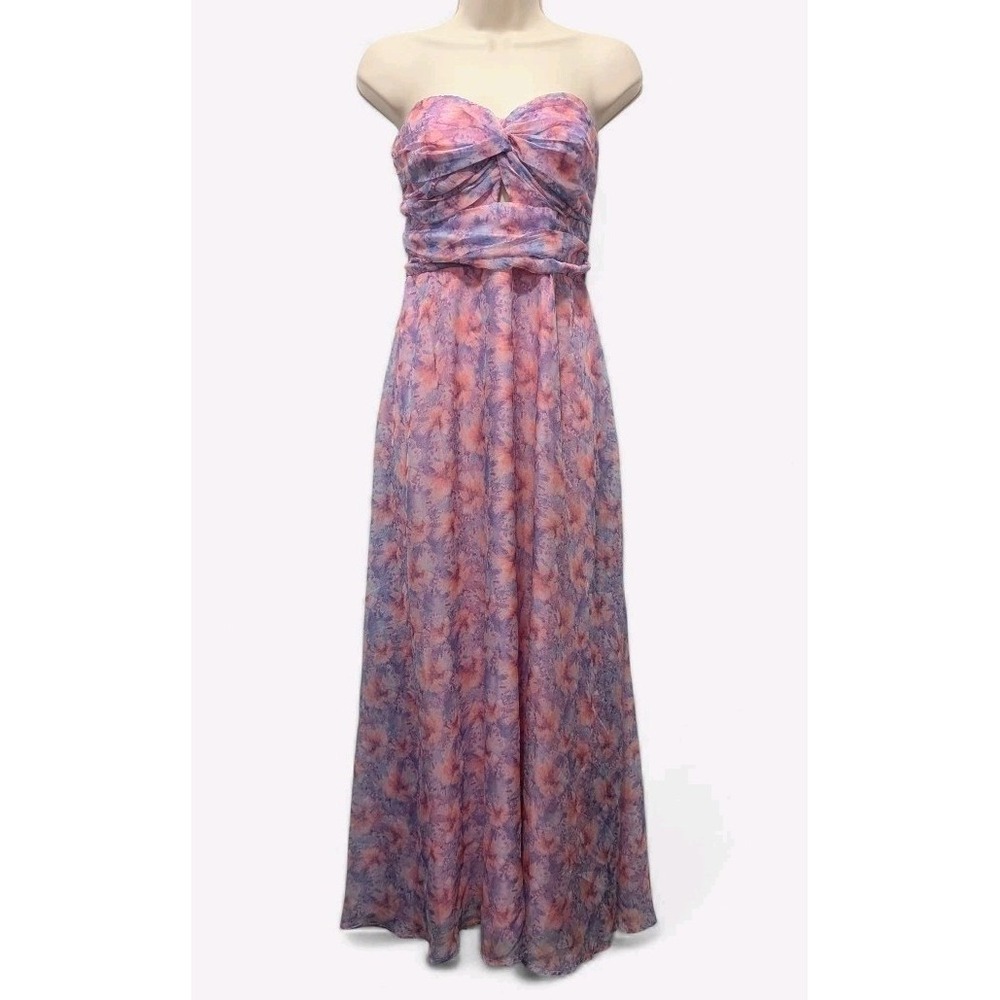 HOCO Strapless Maxi Womens Dress Sz L Pink Floral Chiffon‎ Prom Smocked